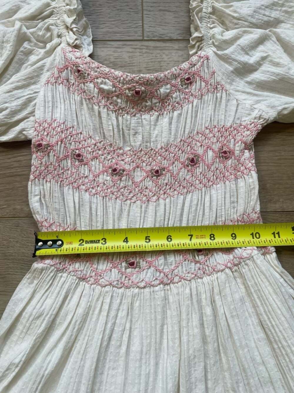 Ivy City Co White Pink Smocked Tiered Midi Dress XS Puff Sleeve Cottagecore - Picture 9 of 11